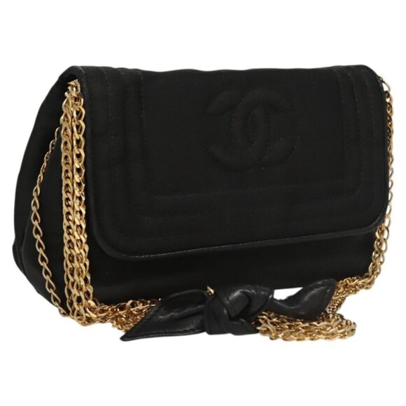 CHANEL Chain Shoulder Bag Nylon Black Gold CC Auth bs24449 - Picture 1 of 16